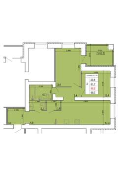 2-к квартира, строящийся дом, 65м2, 9/9 этаж